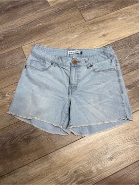 #21)  Light Wash Frayed Hem Denim Shorts